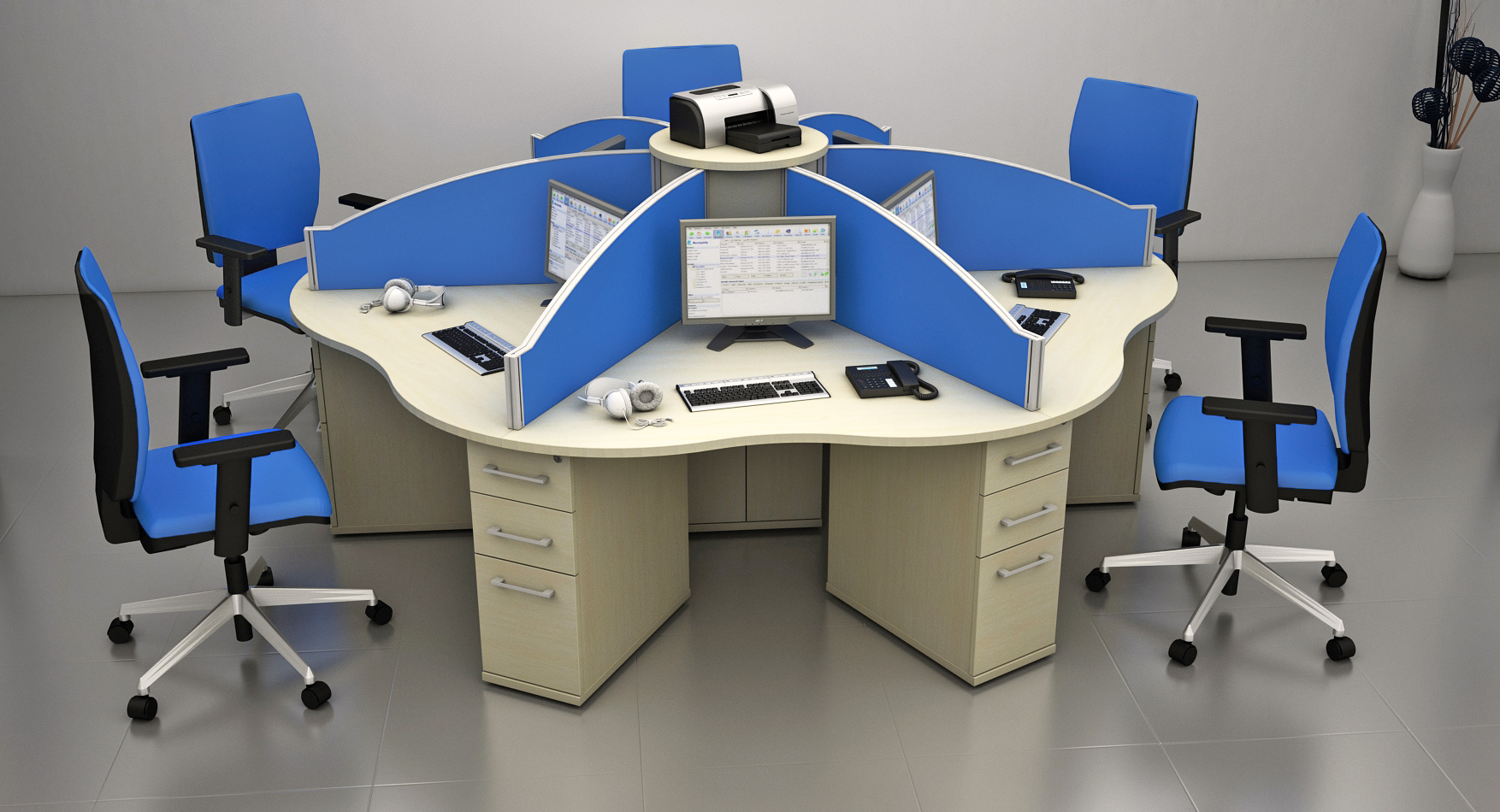 6 Person call centre desk configuration. With supporting pedestal, two shallow and one filing drawer